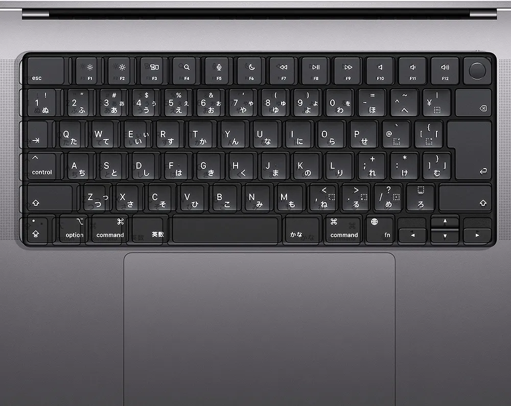Touch ID 搭載 Magic Keyboard(USB-C)と 16 インチ MacBook Pro のキーボードを重ねて比較